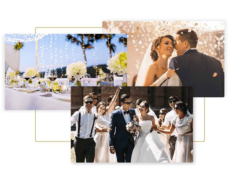 Images of a beautiful wedding table, dancing wedding couple, celebrating wedding party for Big Jean Transportation luxury wedding transportation and wedding limo service